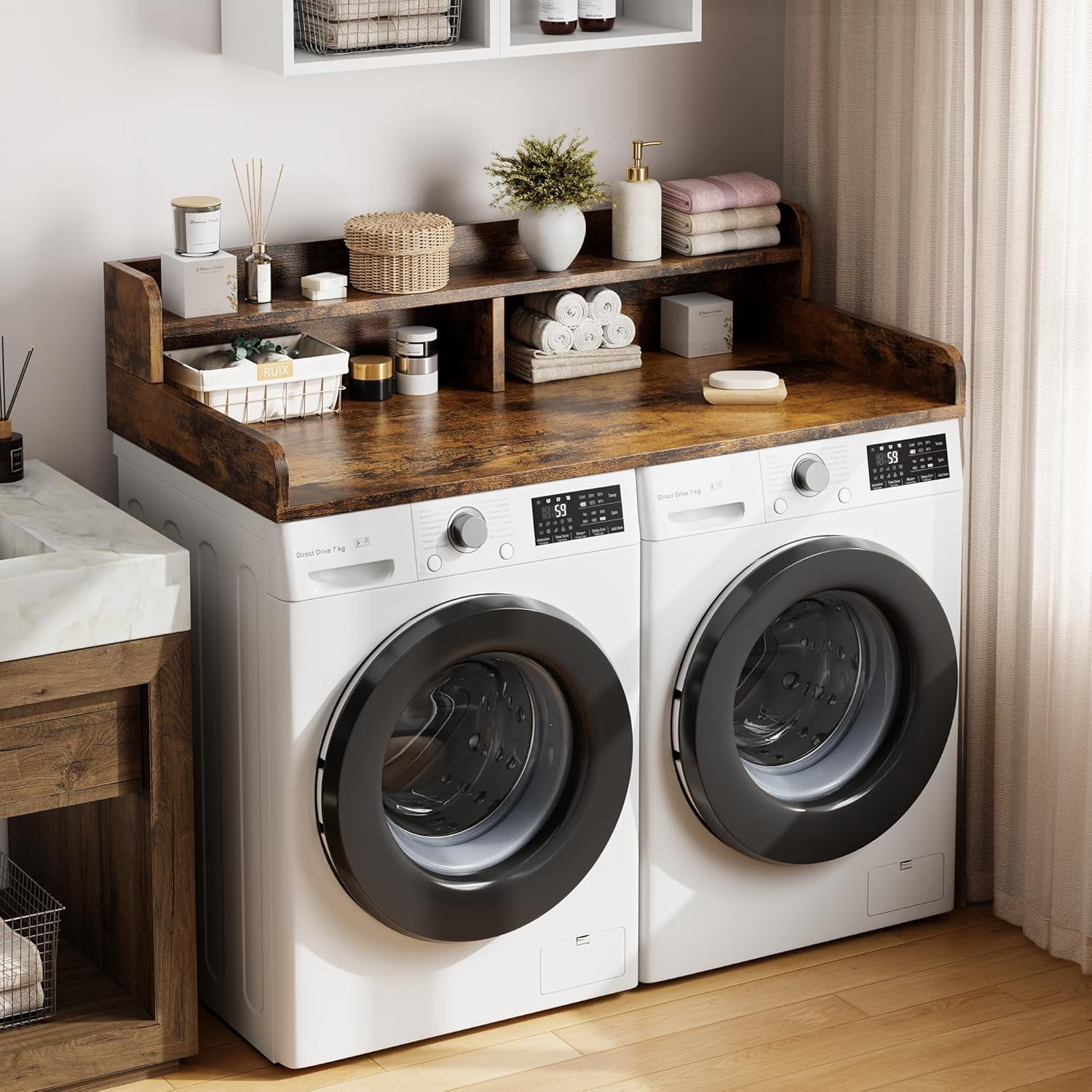 2-Tier Washer Dryer Countertop with Shelf, Laundry Topper with Edge and Non-Slip Pad for Washer Dryer Laundry Hamper Counter Storage Organization 54"X27.5"，Retro