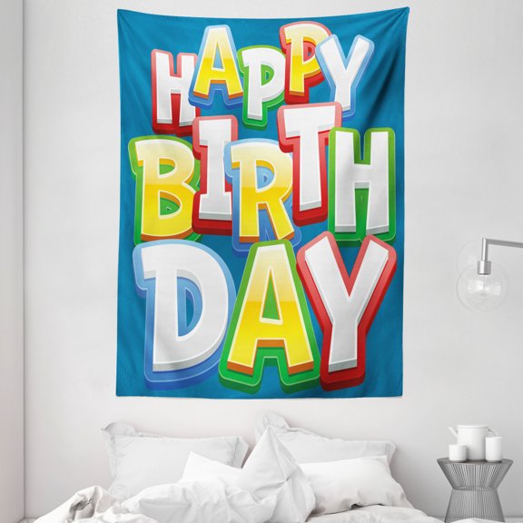 Birthday Decorations for Kids Tapestry, Rainbow Colored Happy Birthday Quote on Blue Backdrop Print, Wall Hanging for Bedroom Living Room Dorm Decor, 60W X 80L Inches, Multicolor, by Ambesonne