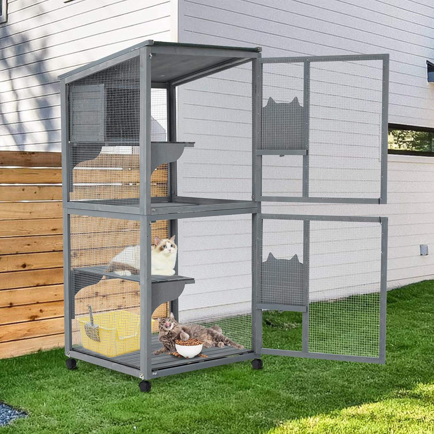 Luku 69-Inch Catio, Wooden Cat Enclosure, 4-Tier Cat House w/Waterproof Roof, Removable Tray, Nesting Box and Lockable Caster, Indoor and Outdoor Use