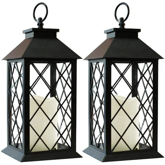 2-Pack 13.5" Vintage Candle Lantern with LED Candle (Distressed Gold, 6hr Timer) - IP44 Waterproof Outdoor Hanging Lanterns Battery Powered - Tabletop Lantern Decorative Home Lanterns