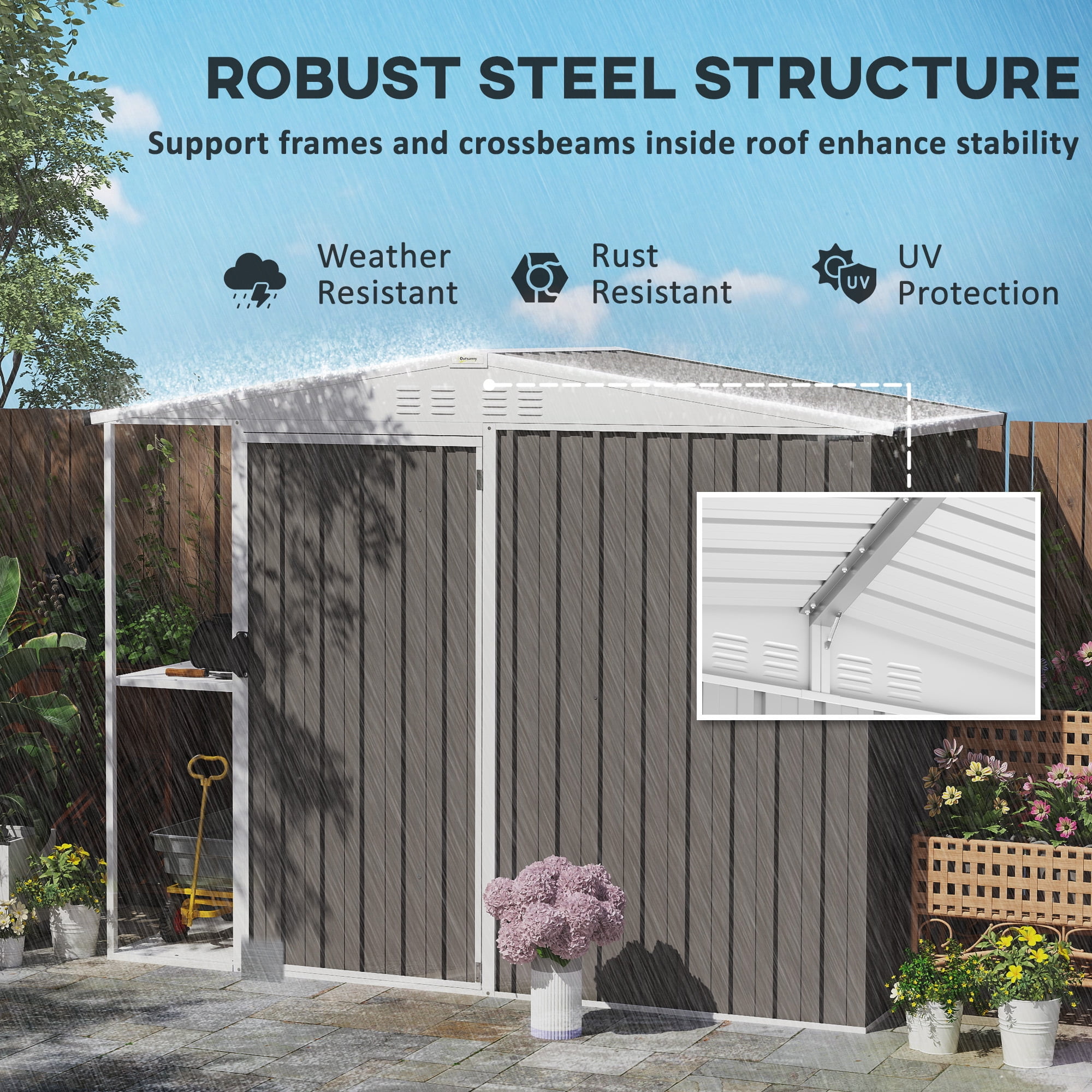 Outsunny 8 x 4ft Garden Storage Shed, Outdoor Metal Tool Shed with 2-Tier Storage Rack, Vents and Lock for Backyard, Patio, Lawn, Warm Gray