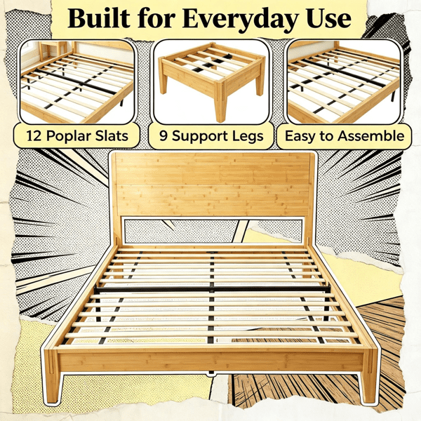 Queen Size Bed Frame, 12 Slats, Headboard Included, No Box Spring Needed, Easy Assembly（Only Bed Frame）