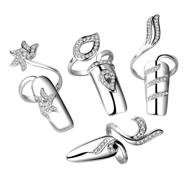 Paquete de 4 anillos de cristal para la punta del dedo, protectores de uñas de moda para mujeres y niñas. Plata