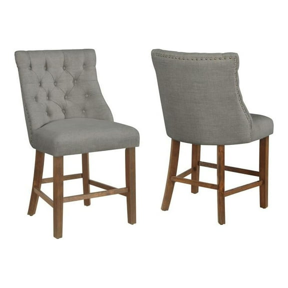 Counterheight Walnut Wood Dining Chairs in Gray Linen Fabric (Set of 2)