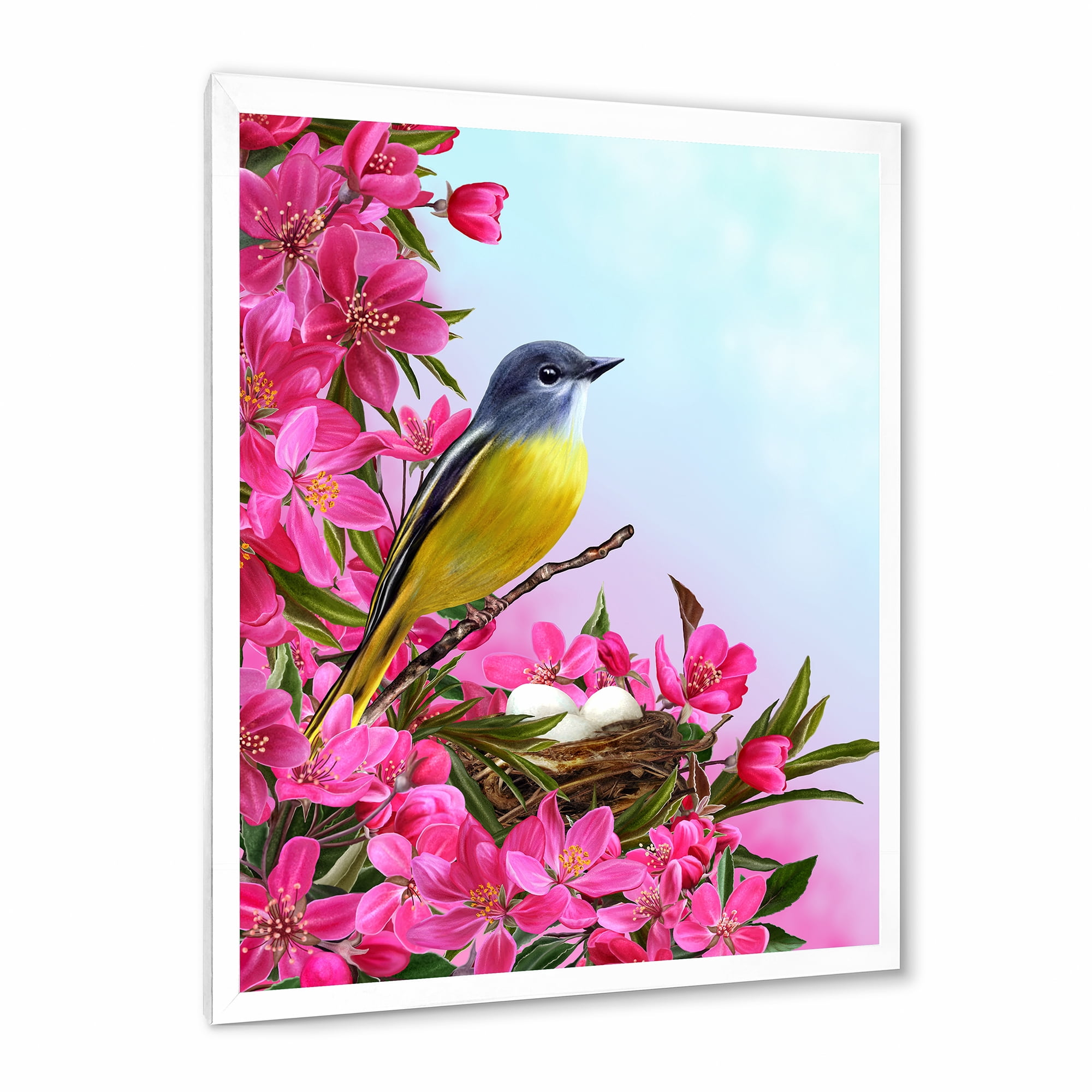 Designart 'Little Yellow Bird Near The Nest with Pink Flowers' Traditional Framed Art Print