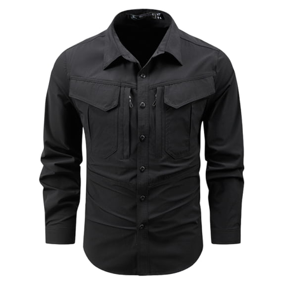 Men's Long Sleeve Work Shirts Outdoor Fishing Shirts Casual Button Down Cargo Shirt with Zipper Pockets for Hiking