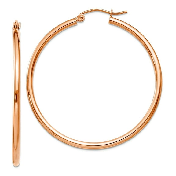 14k Rose Gold Hollow 2mm Polished Hoop Earrings 40mm long 2mm Thick Hoop Earring for Women
