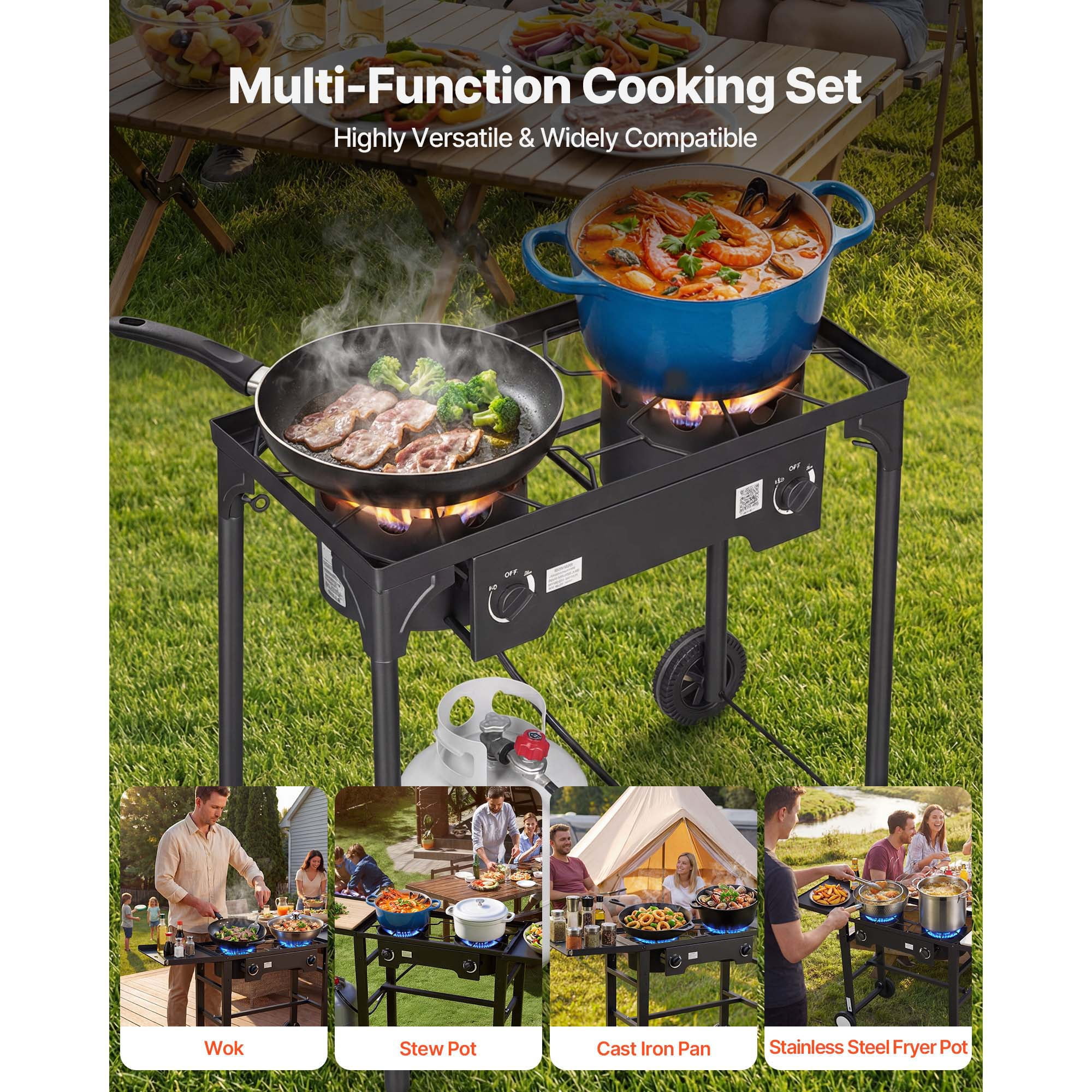 KFFKFF 2-Burner Outdoor Propane Gas Stove, 150,000 BTU LPG Camping Cooker, Durable Carbon Steel Design with Wheels, 20 PSI Regulator & Hose, Ideal for BBQs, Camping, and Backyard Use