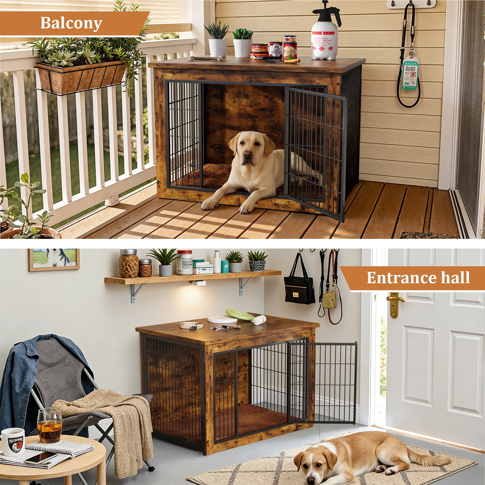 Furmax Wooden Indoor Dog Crate Furniture with Double Doors and Thick Cushion,Brown