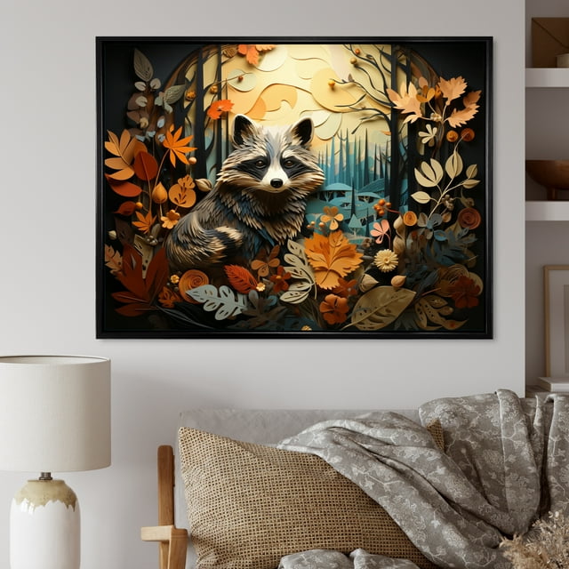 Designart Raccoon Animal framed wall art, Curious Raccoon composition I , Raccoon framed wall art decor, Multi-Color Modern black framed wall art, 20x12 inches black frame