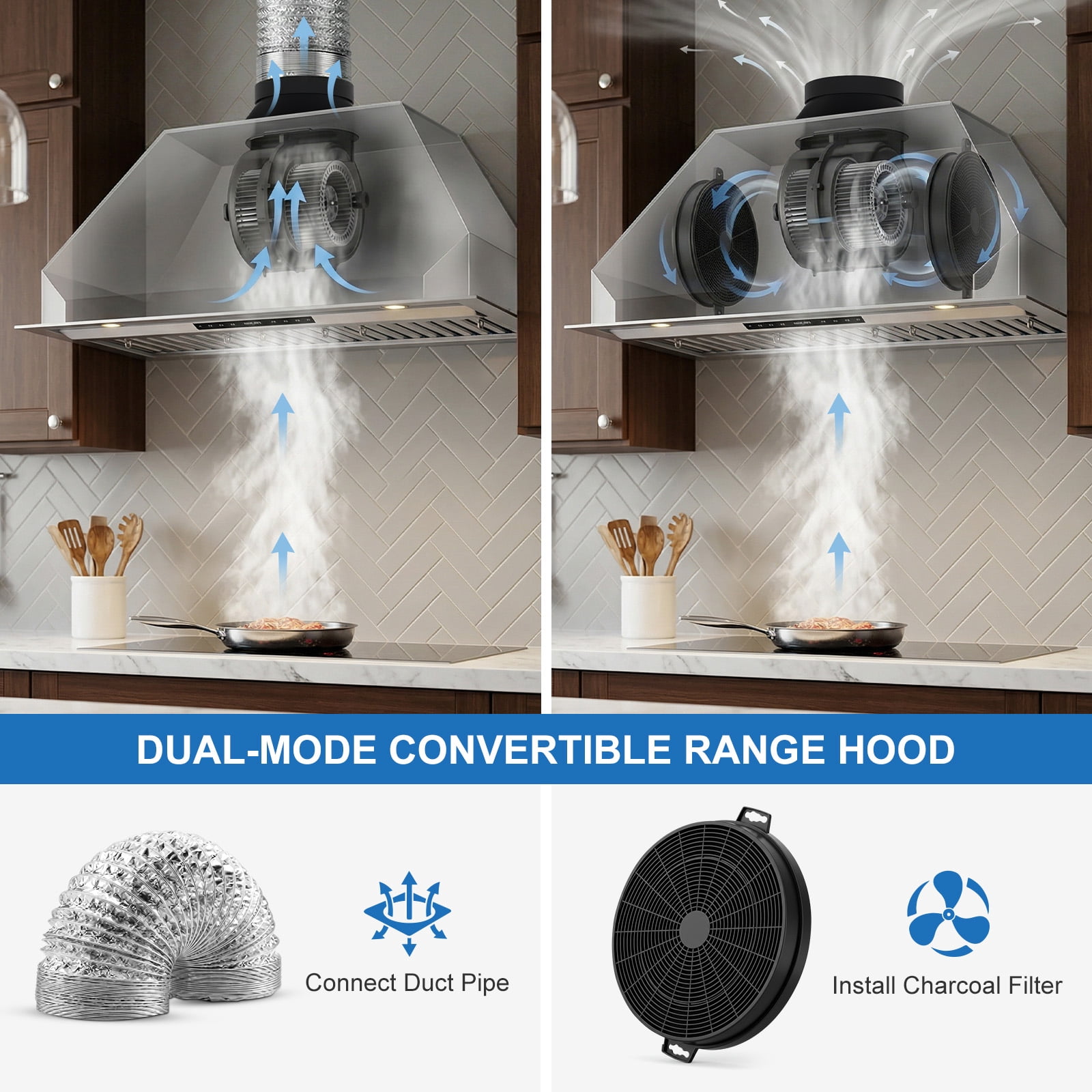 VENFAN 30 Inch Range Hood Insert, 1200 CFM Ultra Quiet DC Motor, Gesture & Touch Control, Ducted/Ductless Convertible, Stainless Steel Built-in Kitchen Vent Hood