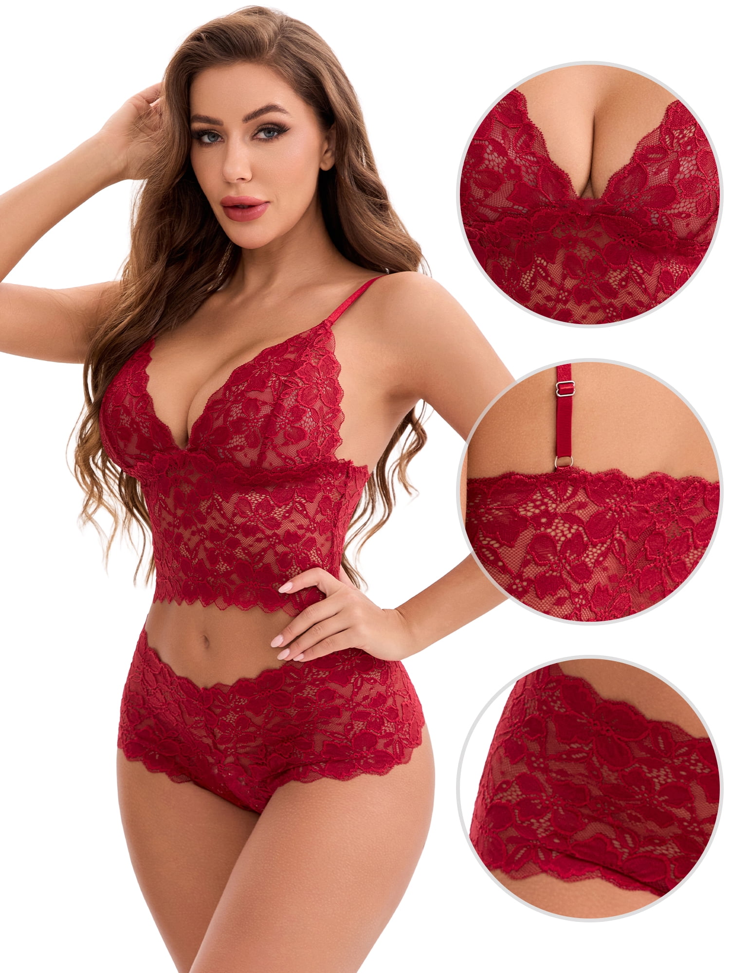 DARING DIVA Women's Deep V Push-Up Bra and Boyshorts Lace Lingerie Set L Wine Red