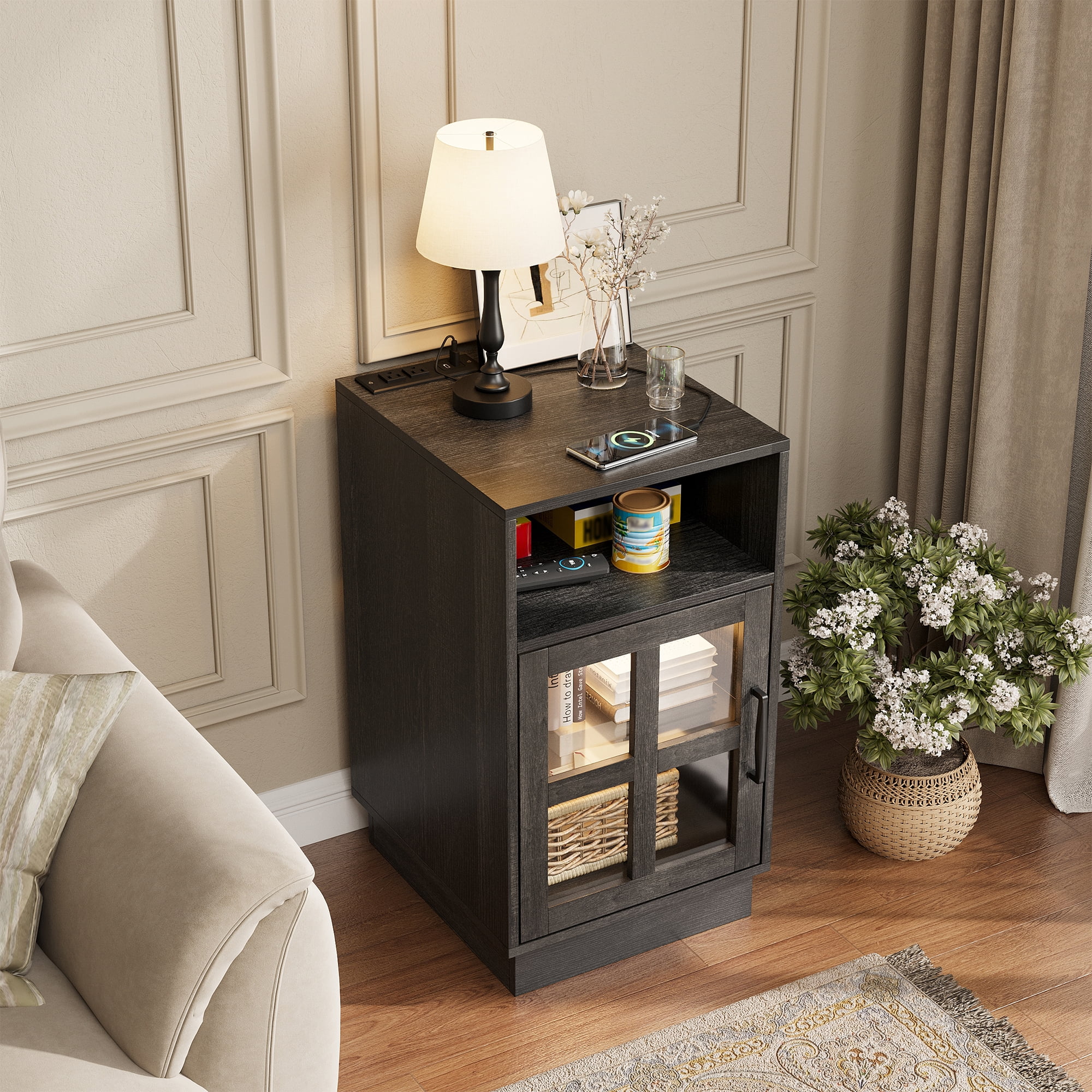 VEANERWOOD End Tables for Living Room with Charging Station & LED Light, Nightstand for Bedroom with Glass Door and Adjustable Shelf, Black