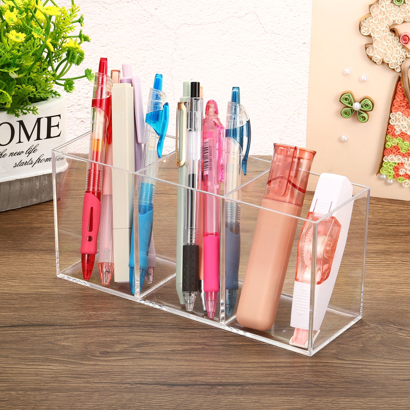 Unique Bargains 3 Compartments Clear Acrylic Pen Holder Pencil Holder Organizer Cup Transparent