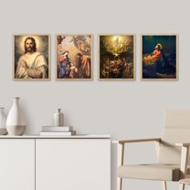 PixonSign Framed Wall Art Inspirational Christian Themed Illustrations Posters, Set of 4 Renaissance Fine Art Vintage Canvas Prints, Cozy Zen Wall Décor for Home Decor - 8"x10" Natural