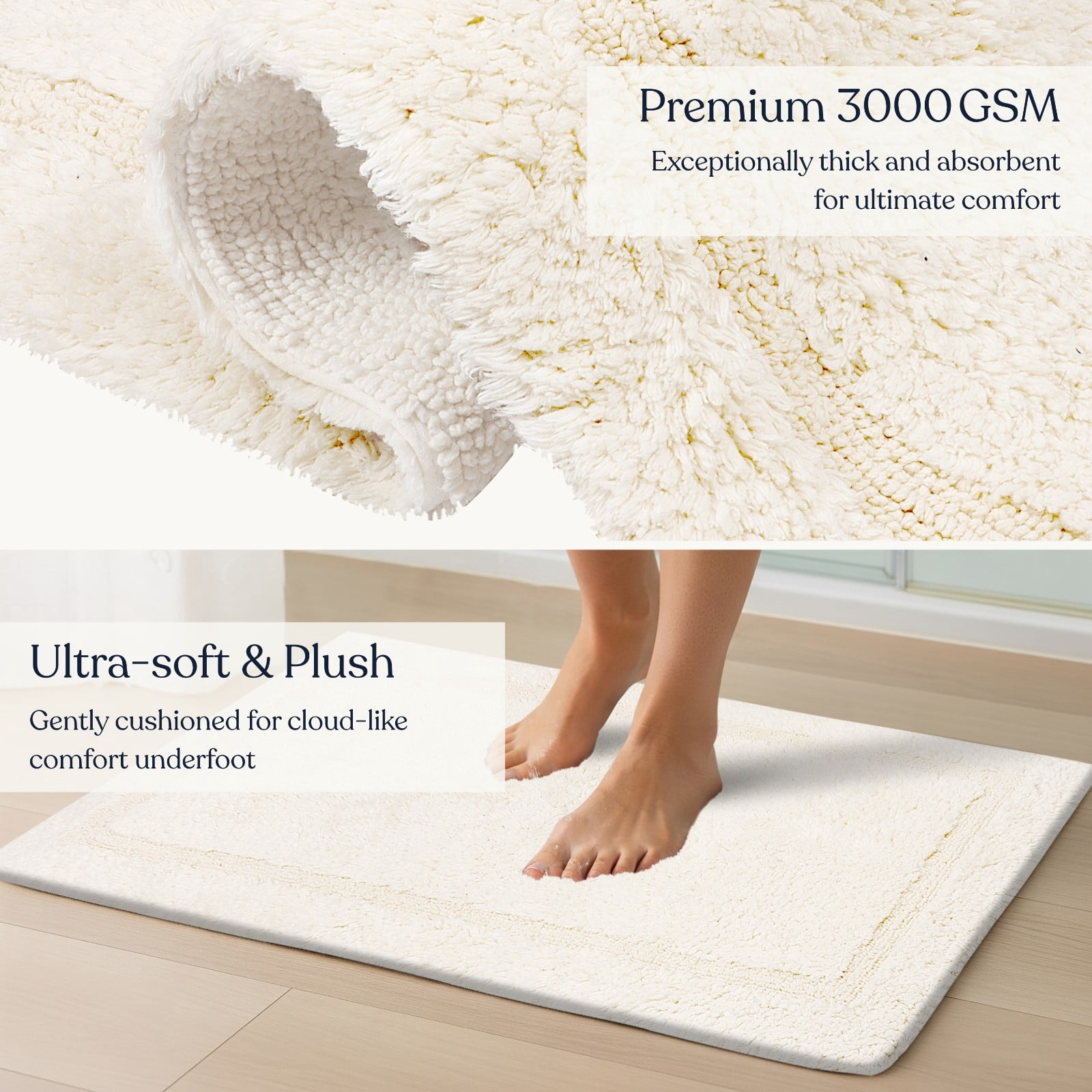 Delara Organic Cotton Reversible Bath Mat – 3000 GSM, GOTS Certified, Ultra-Thick & Super Absorbent | Soft, Plush & Quick-Drying Bathroom Rug