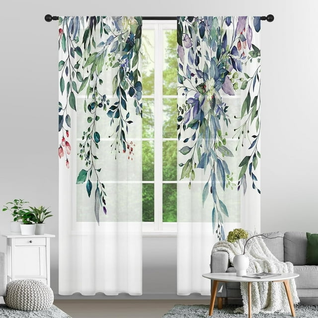 Eucalyptus Leaves Sheer Curtains 84 Inches Long 2 Panels Set, Green Semi Sheer Curtains Light Filtering, Spring Summer Soft Drapes for Bedroom Living Room Dining Room Window, 52" X 84"