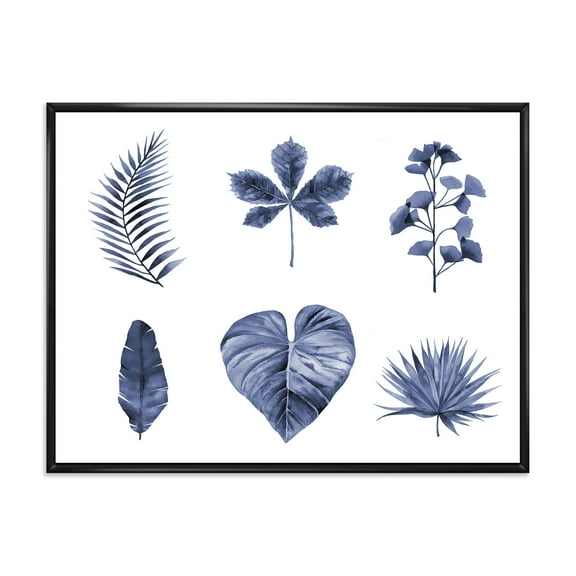 Designart 'Abstract Set Of Plant Leaves Blue' Traditional Framed Canvas Wall Art Print