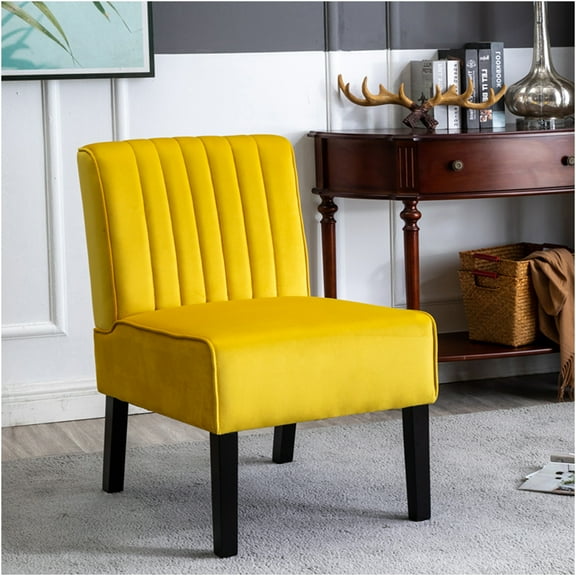 JERFIT Mid Century Modern Accent Chairs Set of 2 for Living Room, Velvet Upholstered Armchairs with Solid Wood Legs, Channel Tufted Back, Comfortable Seating for Bedroom, Office, Yellow