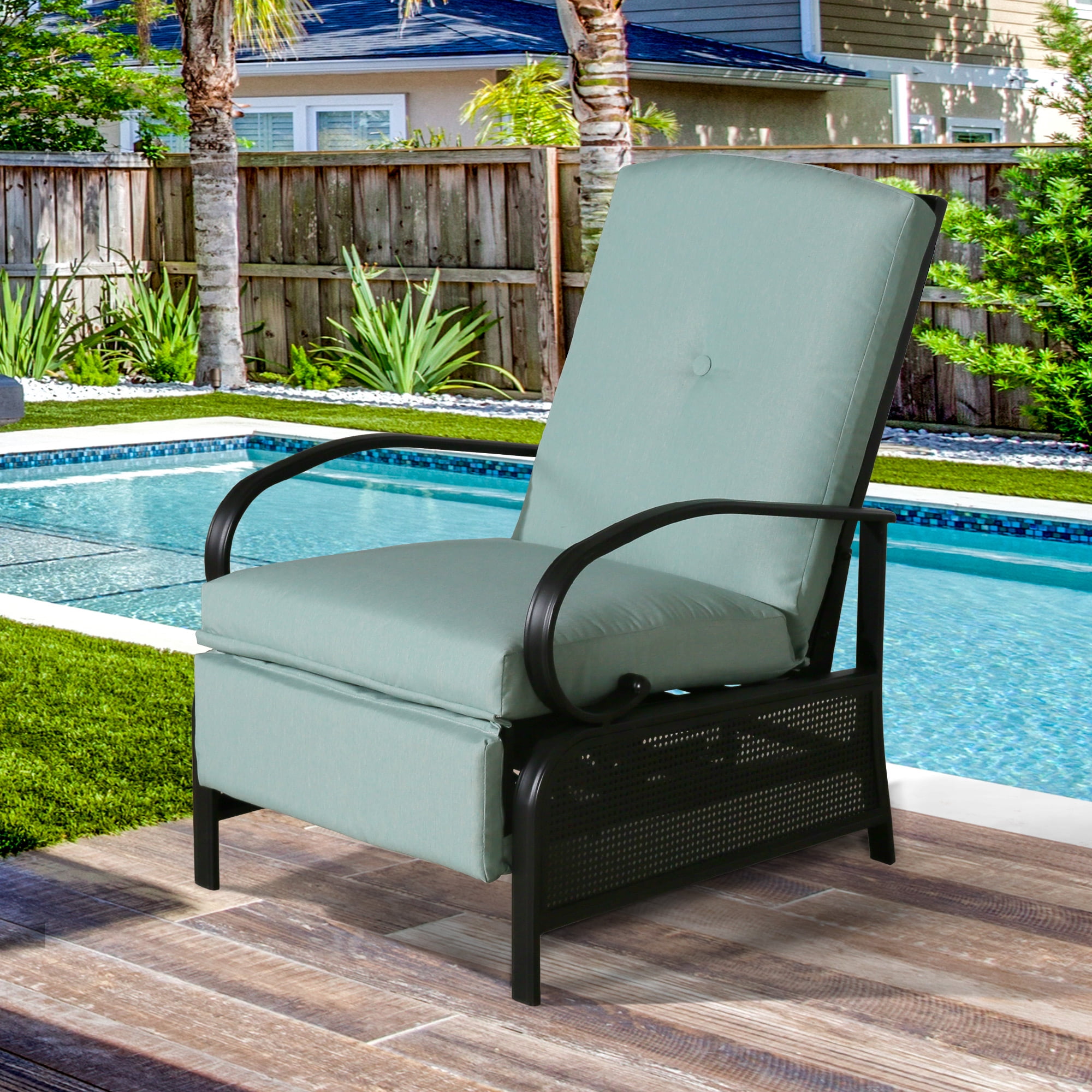 Ulax Furniture Patio Metal Recliner Lounge Chair with Olefin Cushion
