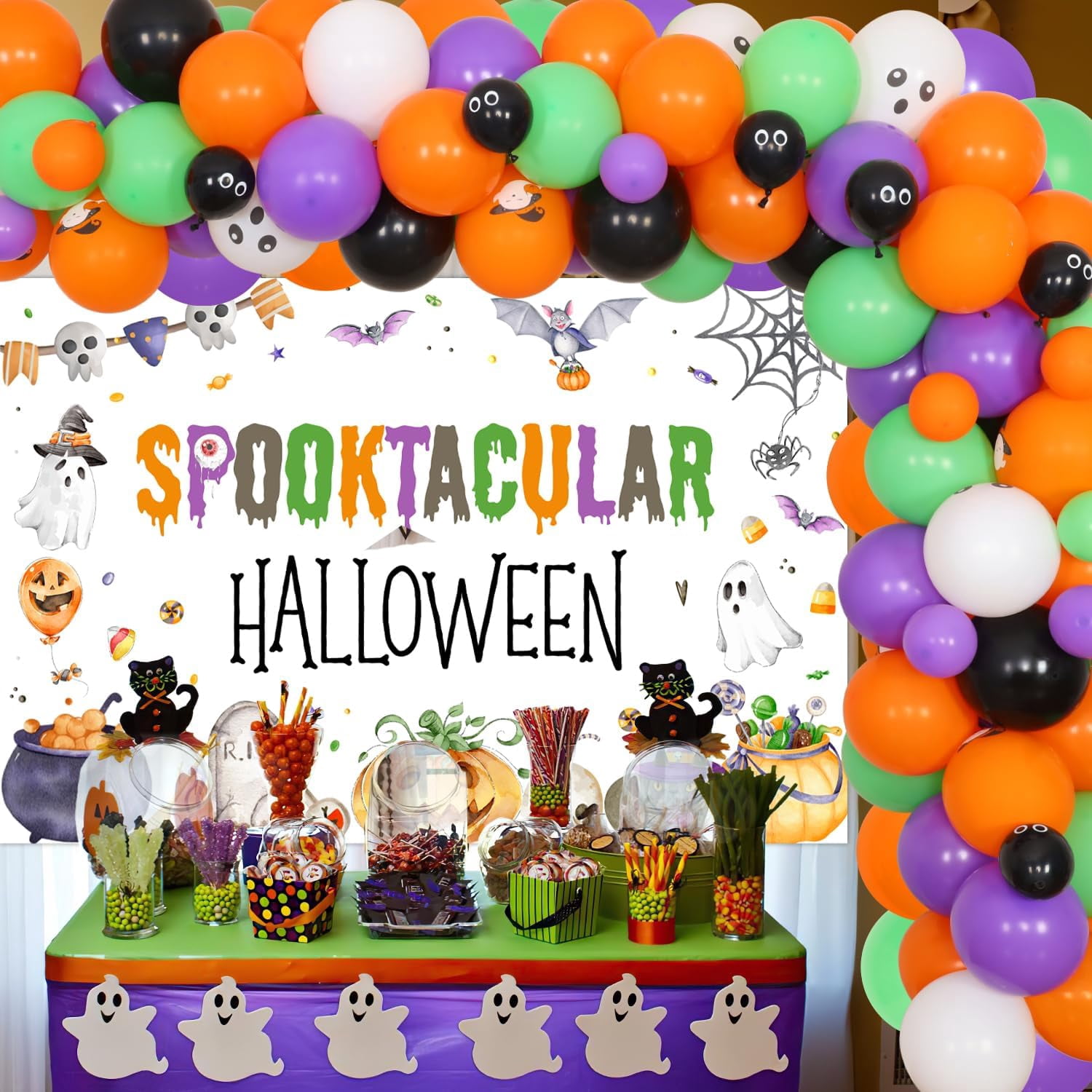 71Pcs Spooktacular Halloween Theme Party Decorations Spooktacular Halloween Pumpkin Bat Cemetery Backdrop Orange Purple Green Balloon Garland Arch Kit for Children Adult Halloween Party Decor Supplies