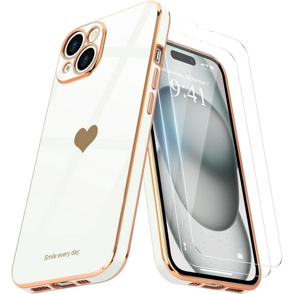 Love-Heart Luxury Case for Apple iPhone 15 Heart Case, Cute Design Shiny Bling Cover, 3 in 1 Bundle Case with 2 PACK Clear Tempered Glass for Apple iPhone 15 for Women Girls, White