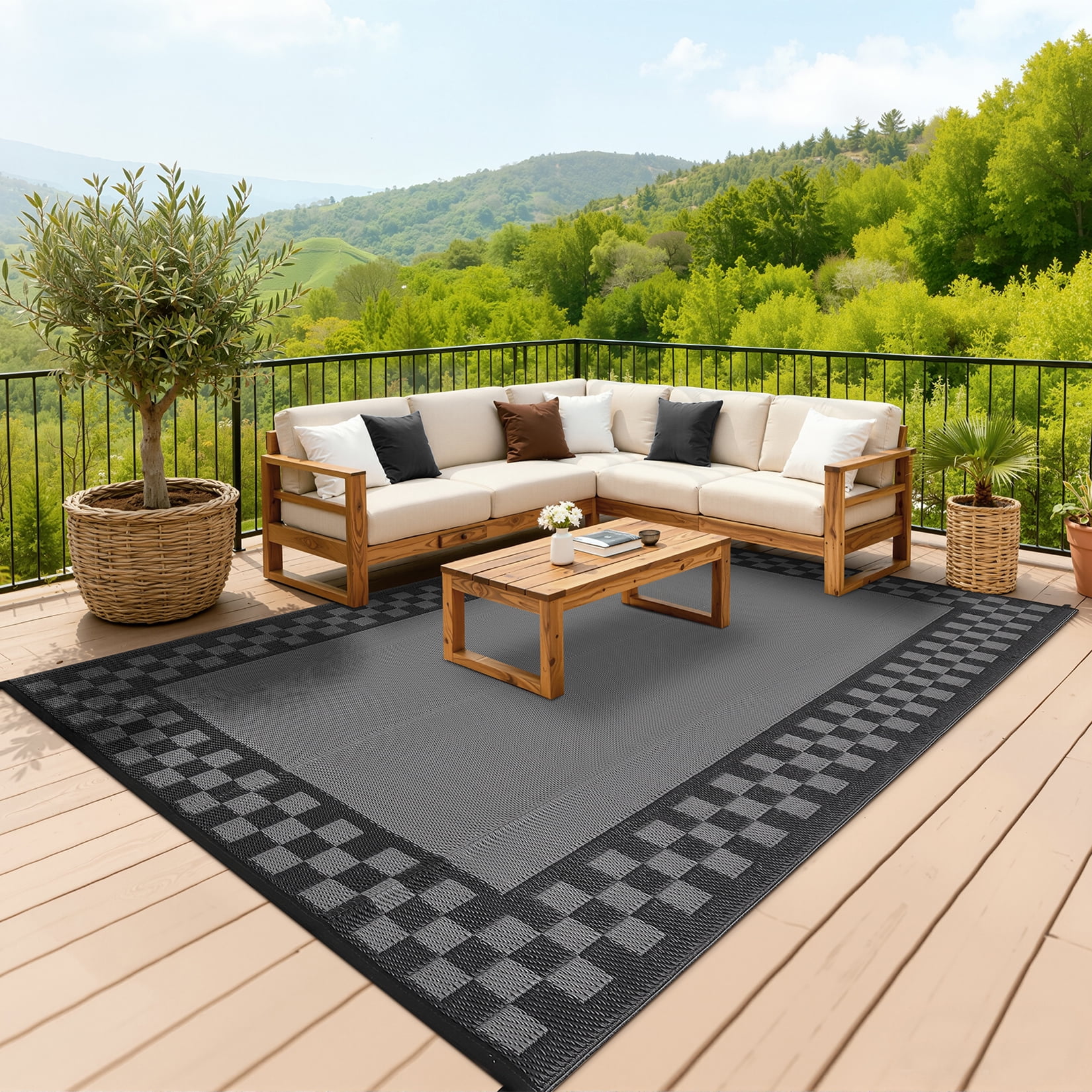 HIWEAVER 9' x 12' Black/Gray Outdoor Rug PP Plastic Straw Woven Waterproof Patio Rug with Border Portable Outside Carpet for Balcony Deck Picnic Garden Decor