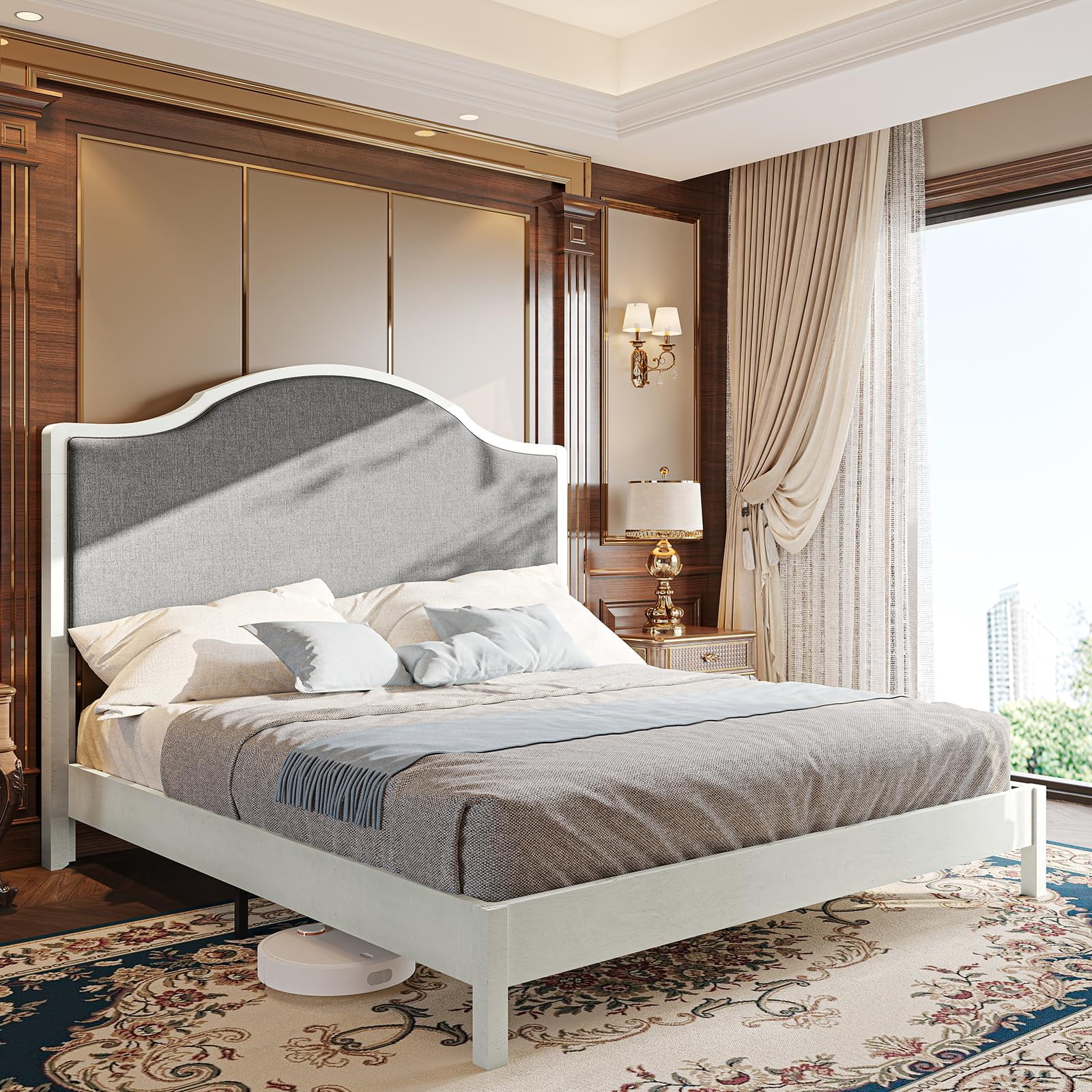 Merluxy Wooden Platform Bed Frame King with Upholstered Headboard Solid Wood Bed, No Box Spring Needed, White