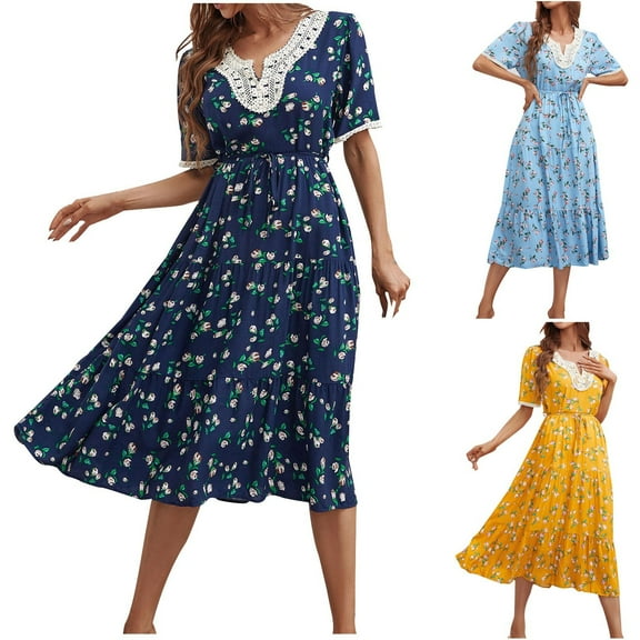 Summer Beach Dresses for Womens 2025 Plus Size Fashion Fallow Short Sleeve V-Neck Lace Printing Dress