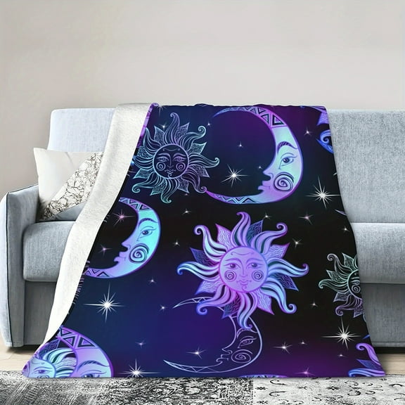 Cozy All-Season Flannel Throw Blanket with Moon and Sun Design - Soft, Warm, and Versatile for Couch, Bed, and Travel - Perfect for Home Decor - Multiple Sizes Available