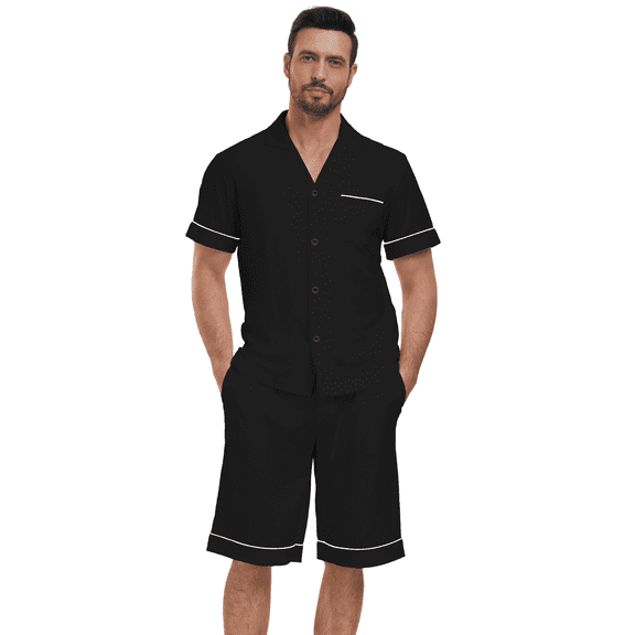 EA'S SECRET Mens Pajamas Set 100% Cotton Short Sleepwear Sets Classic Button Down Loungewear Summer Mens Pjs Sets With Pockets (Black,M)