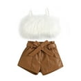 thumbnail image 2 of 2 Pcs Toddler Solid Color Outfits, Girls Cropped Fluffy Fur Camisole + Belted Leather Shorts, 2 of 10