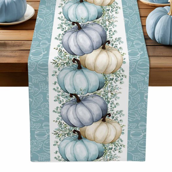 ERUNPONLY Fall Table Runner - 108 Inch Long Blue Pumpkins Thanksgiving Eucalyptus Leaf Cotton and Linen Blended Dress Scarves Farmhouse Table Runner for Kitchen Dining, Coffee Table, 13" x 108"