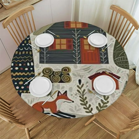 

Vllo0ord Fitted Round Tablecloth Animals deer fox chalet bird ski Winter woodland animals Table cover Elastic Edged Table Cloth Fits Round Tables 54 -58
