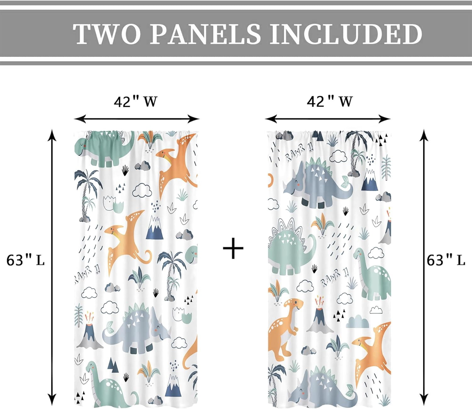 Kids Boys Dinosaur Curtains 42Wx63H Inch Rod Pocket Cartoon Dino Tropical Jungle Safari Animal Nursery Art Printed Cute Volcano Living Room Bedroom Window Drapes Treatment Fabric 2 Panels
