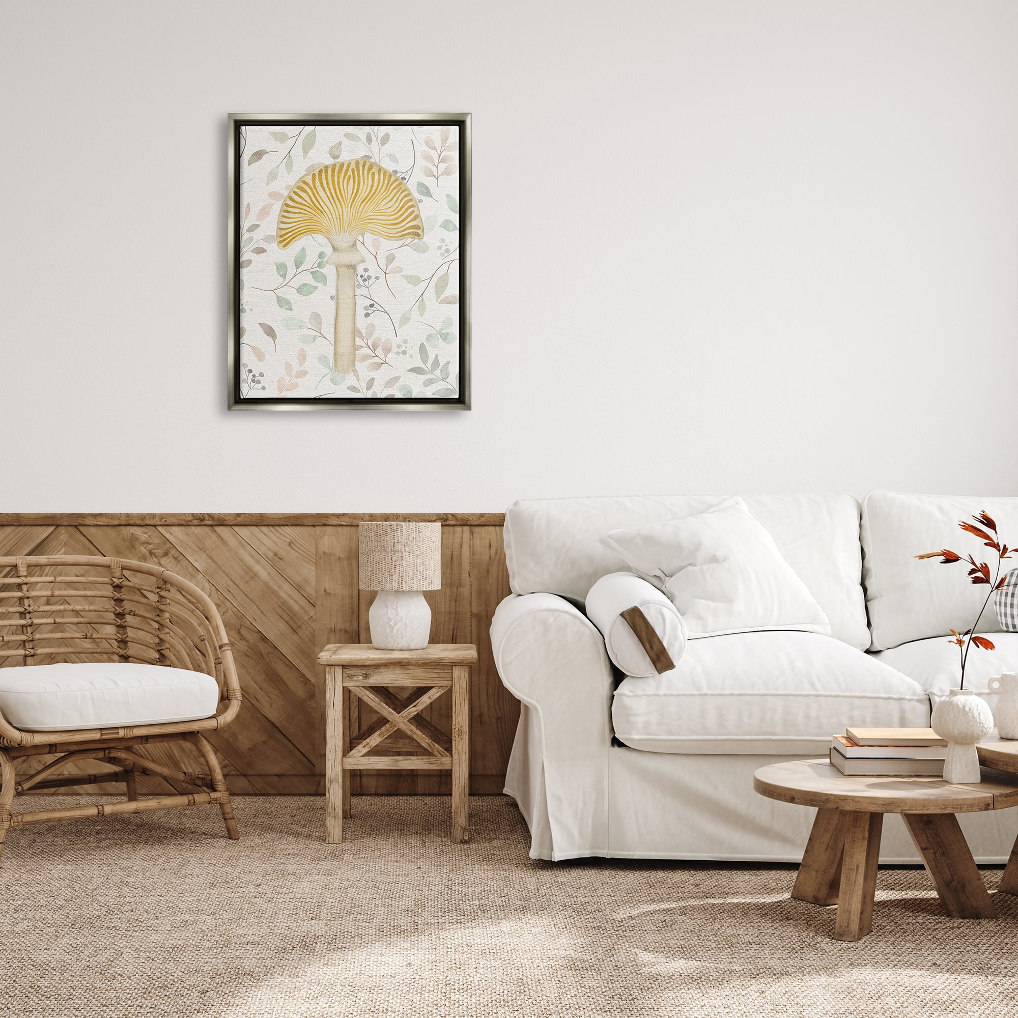Stupell Industries Yellow Mushroom & Leaves Botanical & Floral Painting Gray Floater Framed Canvas Art Print Wall Art, 25 x 31