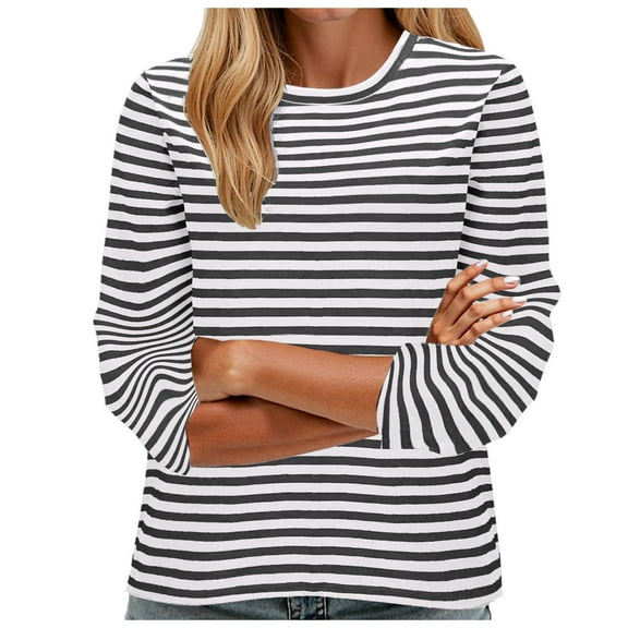 Pimfylm Stripe Long Sleeve T-Shirt for Women Casual Crew Neck Color Block Loose Fit Tunic Tops Going Out Tee Grey, XL