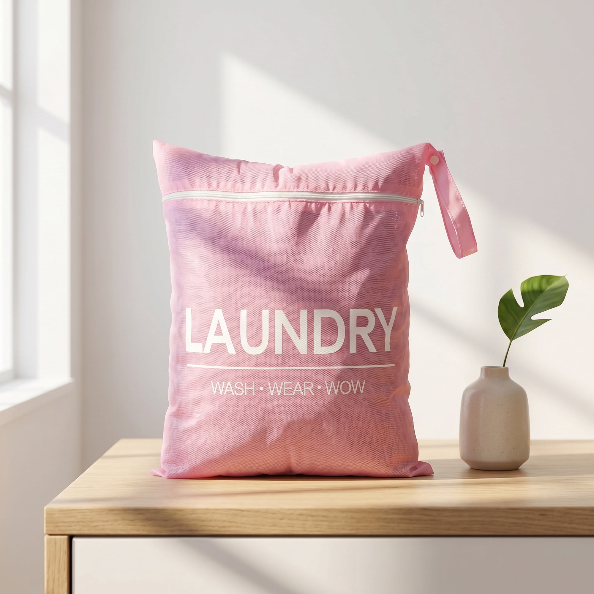 Unique Bargains 2Pcs Oxford Cloth Zipper Mesh Clothes Laundry Bag Pink-White 15"x18.9"