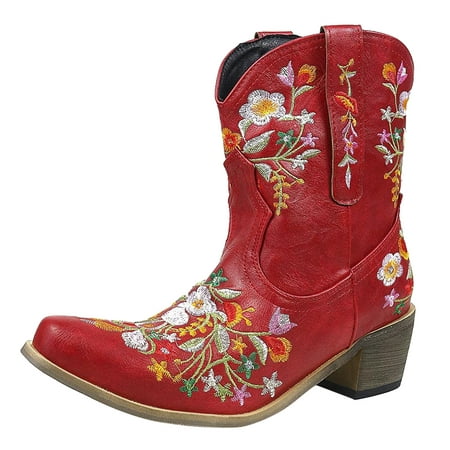 

Boots for Women Retro for Embroidered Cowboy Autumn and Winter and Warm Ankle Boots