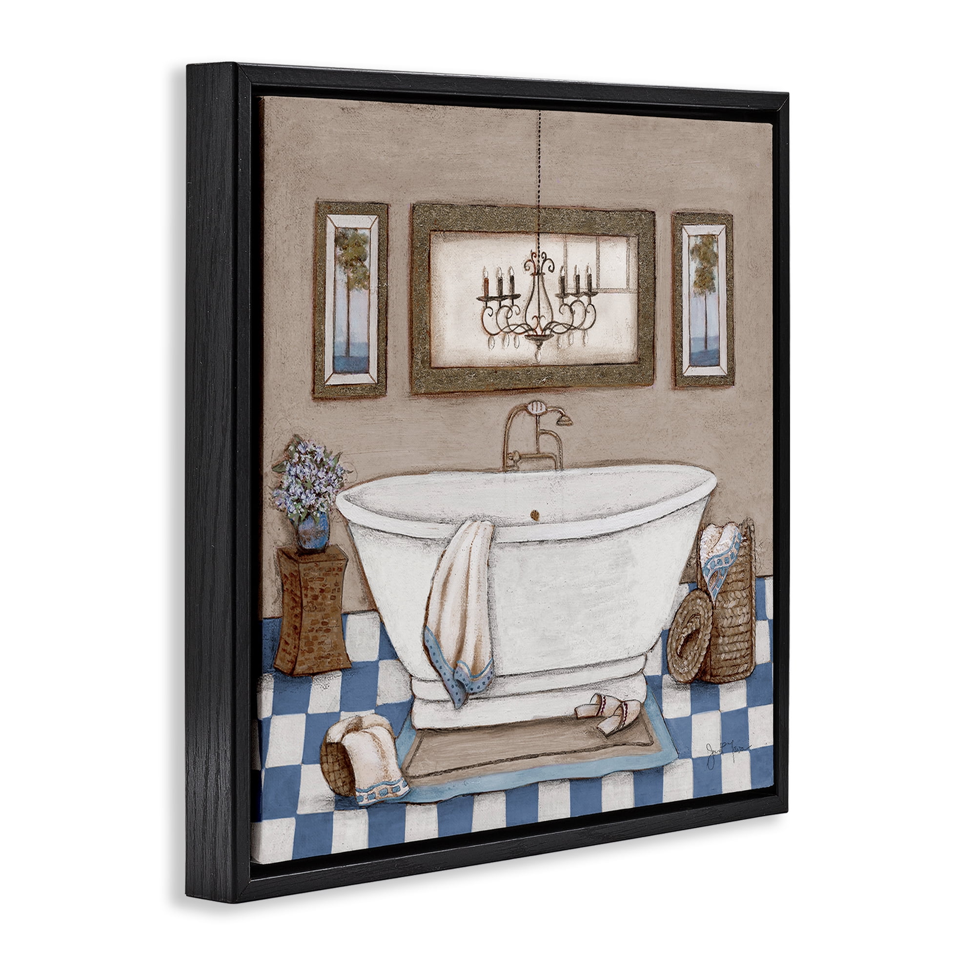 Stupell Industries Checkered Bathroom & Chandelier Black Framed Floater Canvas Wall Art, design by Janet Tava