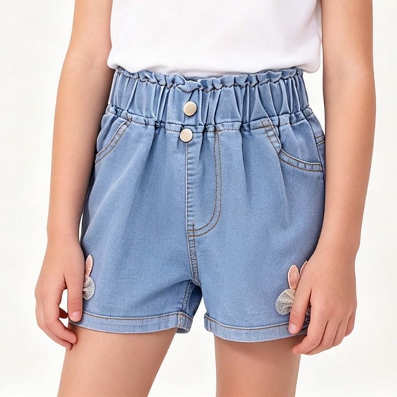 Amidoa Girls Jeans Shorts Casual Wide Leg Elastic Waist Summer Kids Baggy Denim Shorts Blue Size 4T