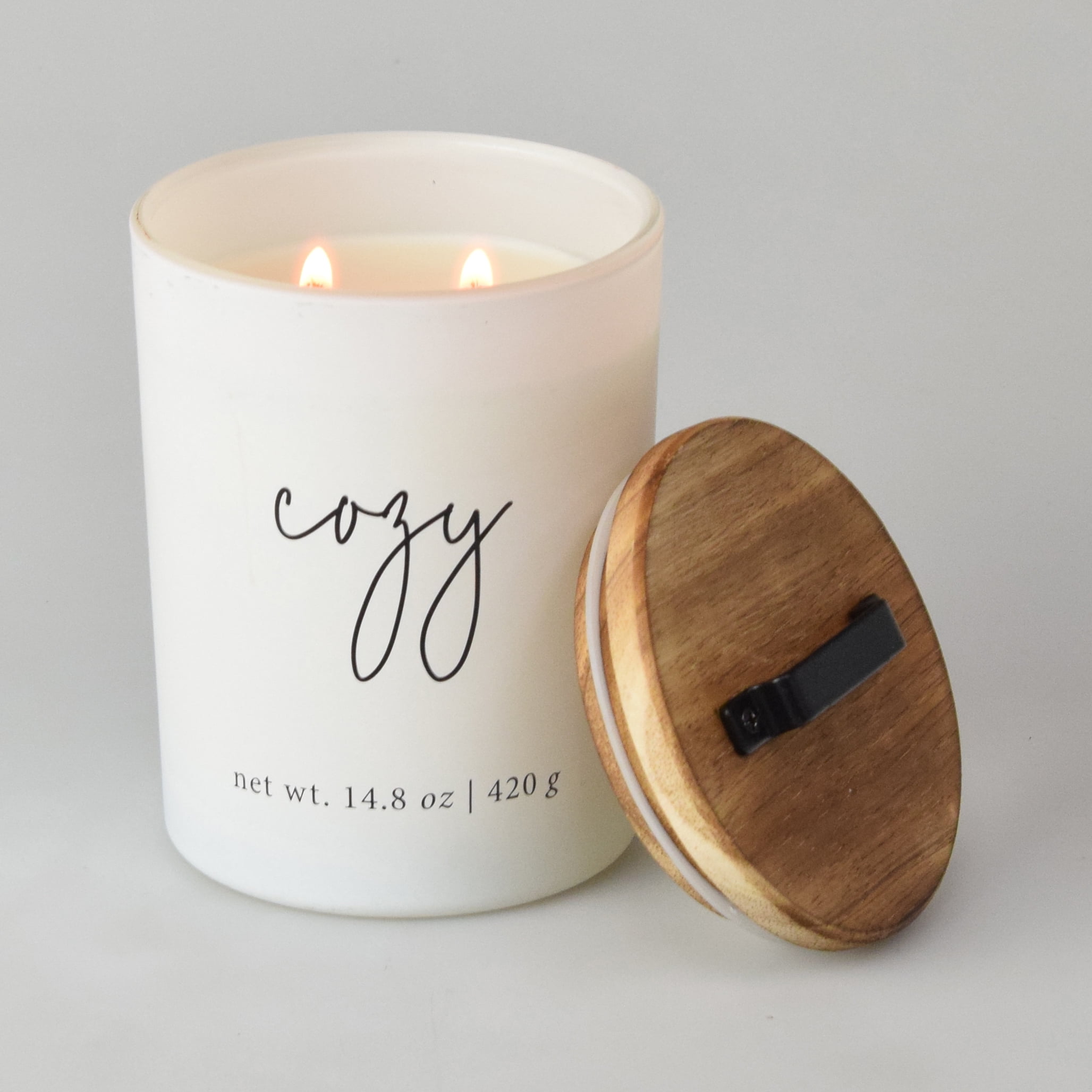 Better Homes & Gardens Farmhouse Sentiments Cozy Smoked Cedar & Snow Scented 2-Wick Candle Jar with Wood Lid, Metal Handle, White, 14.8 oz
