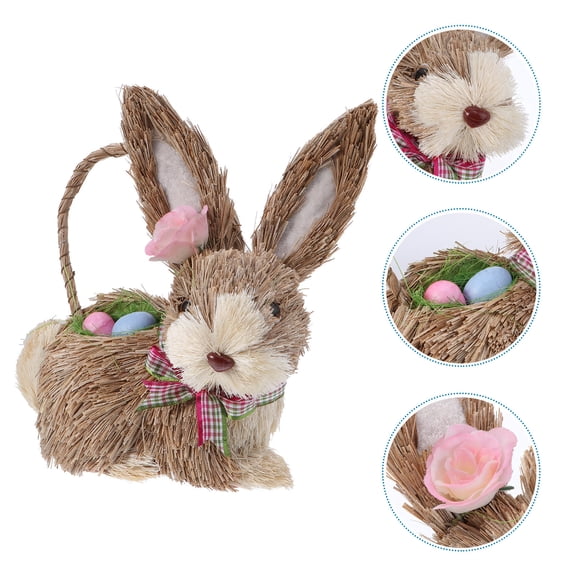 SEWCHICS Light Brown Straw Rabbit Ornament Hand-Woven Bunny Easter Decoration for Succulents and Home Display