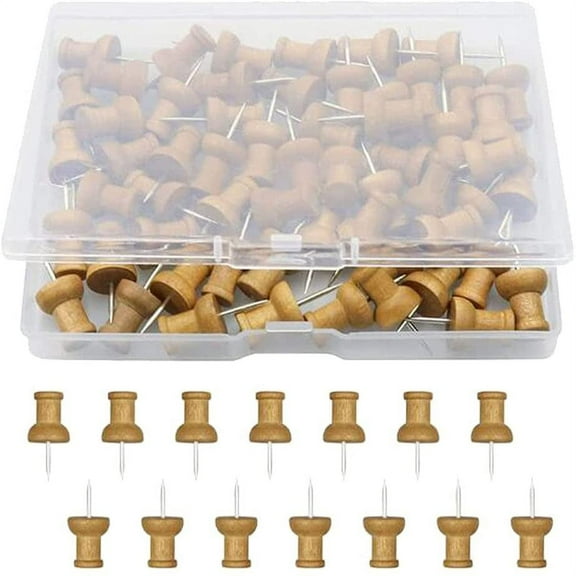 100PCS Wood Push Pins,Wooden Thumb Tacks for Cork Boards Map Photos Calendar and Home Office Craft Projects