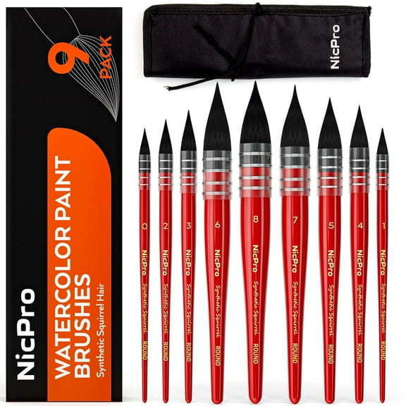 Nicpro Professional Watercolor Paint Brushes with Nylon Bag, 9PCS Mop Round Fine Tip Detail Paintbrush, Synthetic Squirrel Hair, Art Supplies Watercolor Set for Painting, Gouache, Oil - Red