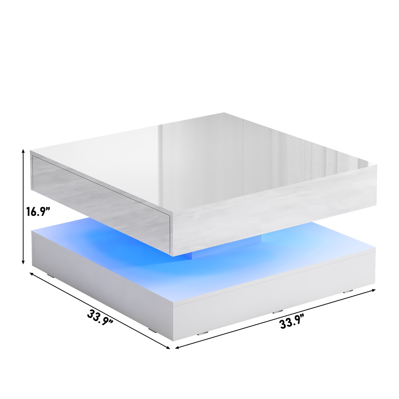 ChVans 34" LED Square Coffee Table with 2 Drawers, 2-Tier White High Glossy Coffee Table with Led lights & Storage Drawer, Modern Living Room Tables