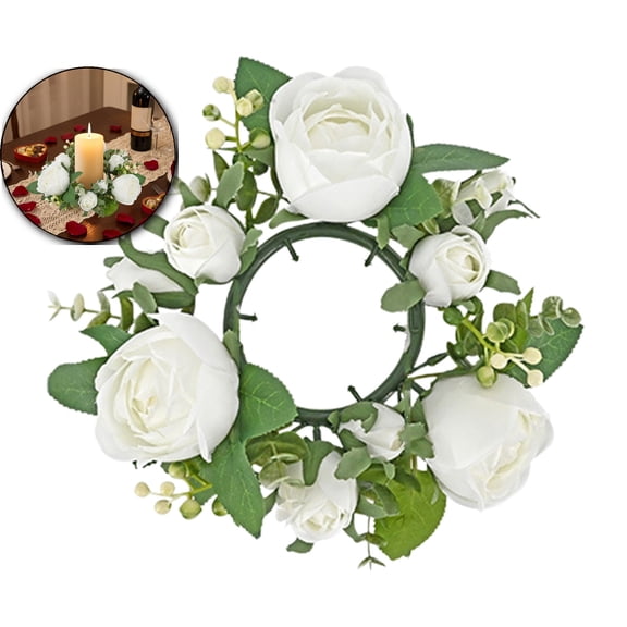 Valentine's Day Rose Candle Rings Wreaths Artificial Flowers with Green Leaves Floral Table Pillar Centerpiece Mini Rings Garland for Wedding Home Party Table Wreath Candle Holder Décor