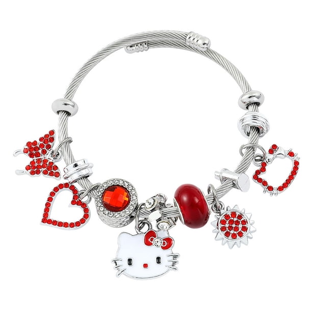 Pulsera de acero inoxidable con forma de Hello Kitty de Panjia transfronteriza, anillo abierto con forma de mano, cuentas de gran agujero para gatito, pulsera DIY de gran venta al por mayor
