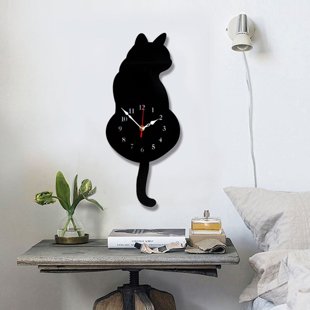 YUYUETIME Cute Black Cat Shaped Wall Clock Mute Sweep Seconds Modern Decor