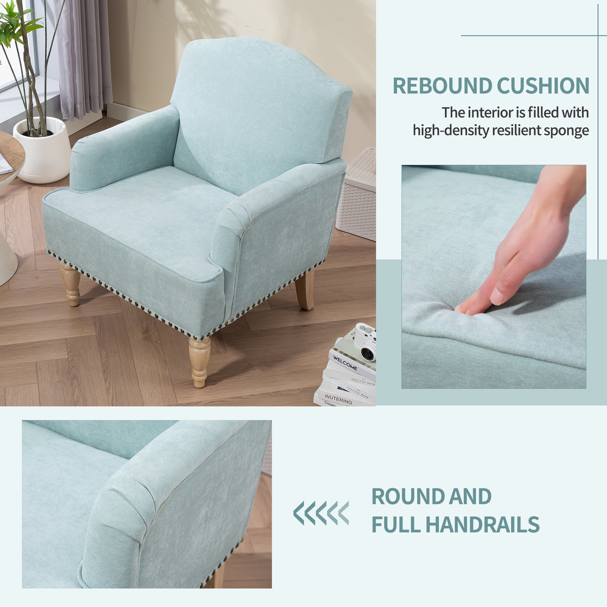 MOONMISS Modern Accent Chair Capacity Retro Wood Legs Nailhead Trim Comfy Upholstered Armchair for Living Room Bedroom,Light blue